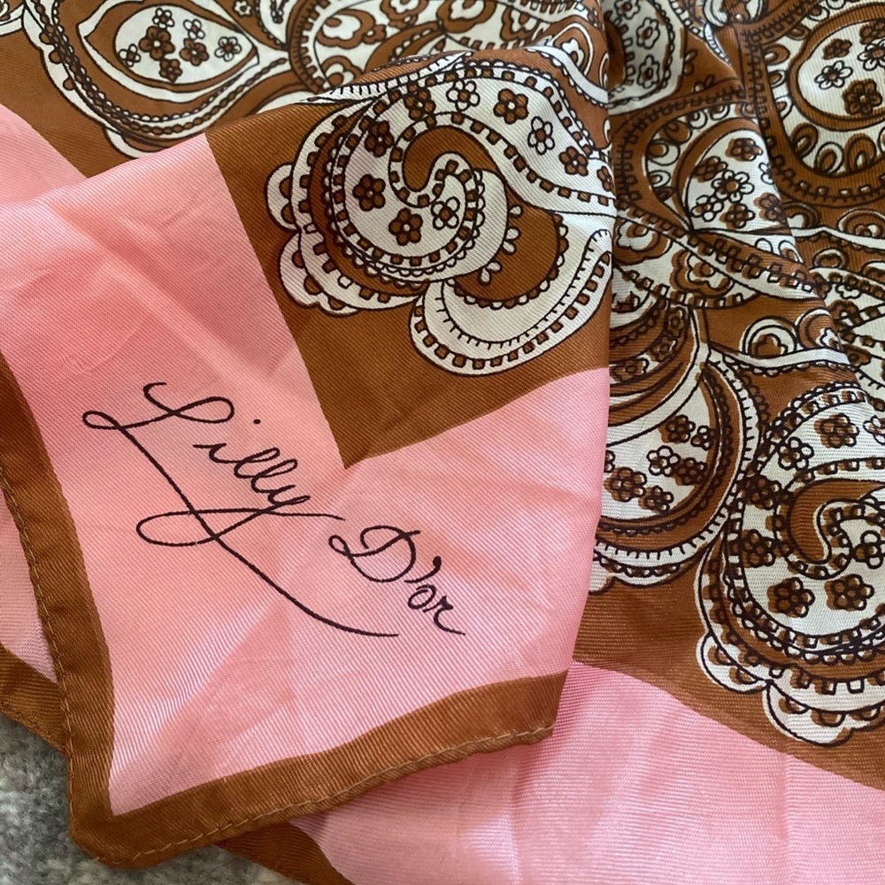 Vintage Lilly d’or Paisley Pink and Brown Acetate Scarf  26” X 26”
